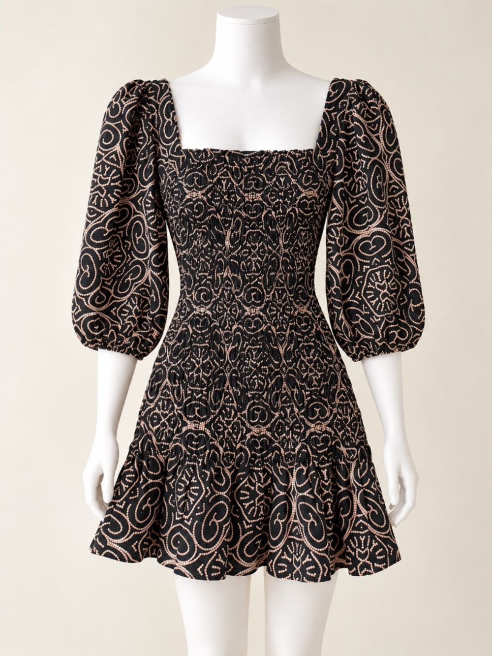 Alexis Suri Smocked 100% Linen Printed Puff Sleeve Mini Dress Size XS